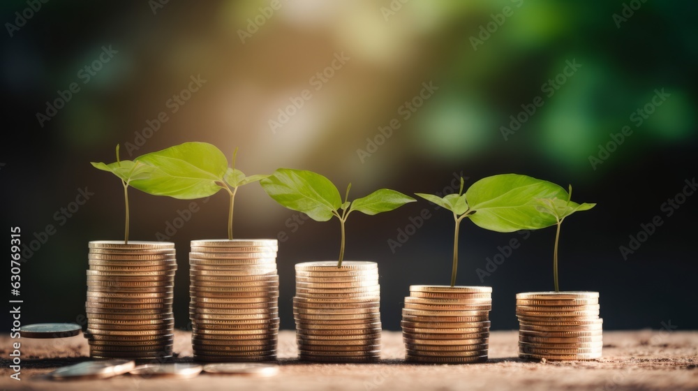 Row of stacks of coins with a plant growing. Generative AI Row of stacks of coins with a plant growing. Generative AI