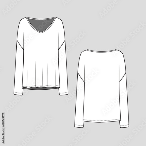 Women Drop Shoulder v neck t shirt top blouse  fashion flat sketch technical drawing template design vector