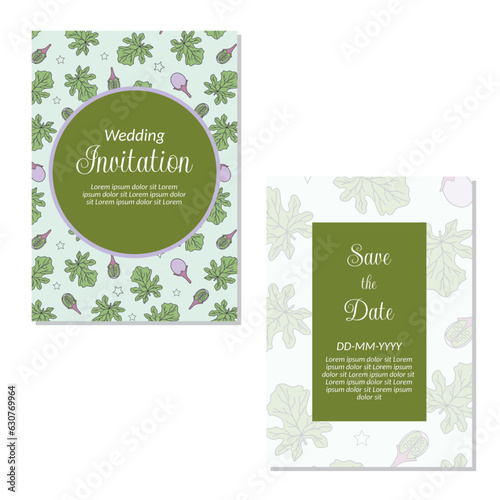 Wedding invitation card template. flowers and leaves seamless pattern background save the date, invitation, greeting card, vector illustration.