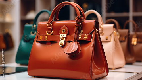 A Captivating Close-Up of High-End Handbags in a Fashion Boutique. Generative AI