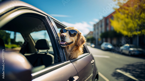 Golden Retriever Dog Looking Out Of A Car Window With Sunglasses On