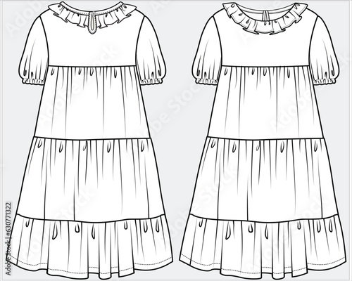 PUFF SLEEVES FRILL NECKLINE TIERED WOVEN DRESS IN HAKOBA FABRIC SCHIFFLI FABRIC DETAIL DESIGNED FOR TEEN GIRL AND KID GIRLS IN EDITABLE VECTOR