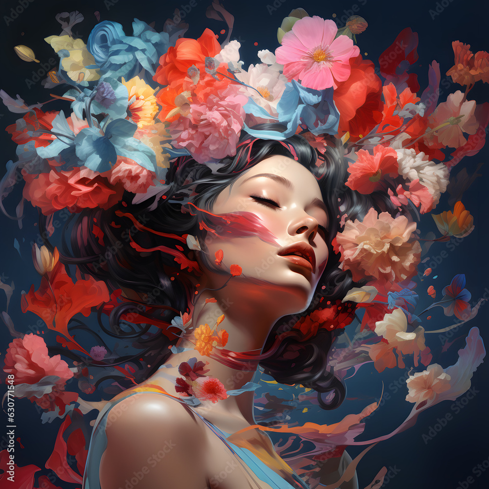 Fantasy flower portrait of a woman created with Generative AI technology