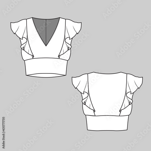 Women Ruffles Blouse Top Waist Panel Hem V Neck ruffles Sleeve Fashion t shirt  Flat Sketch Technical Drawing Template Vector Design