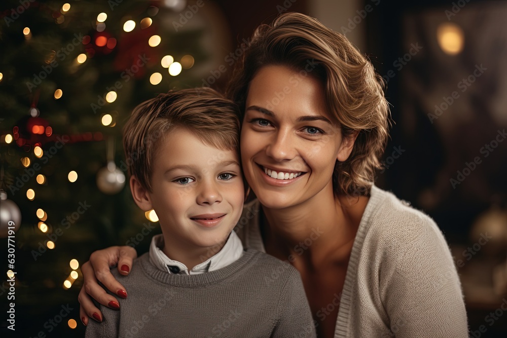 Happy mother with son standing in front of Christmas tree with blur background. Generative AI. Happy mother with son standing in front of Christmas tree with blur background. Generative AI.