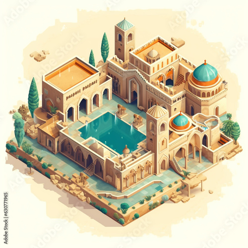 Illustration of an isometric view of a luxurious residence of ancient Middle Eastern and Persian architecture design. Famous for its courtyard design and water element in the middle of the building.
