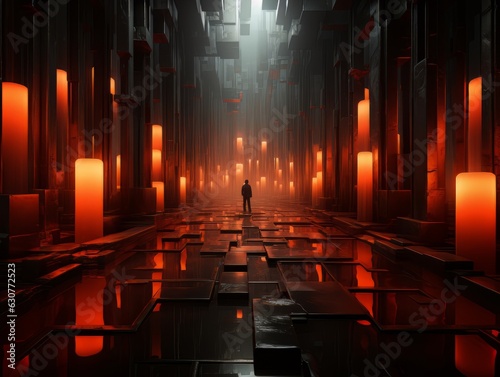 Futuristic space silhouette of a man in a tunnel of fiery lights. visualization AI