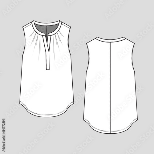 Women sleeveless Top Henley Neck Pleat Gathering tank top  Vest fashion bottom shape blouse t shirt flat sketch technical drawing template design vector
