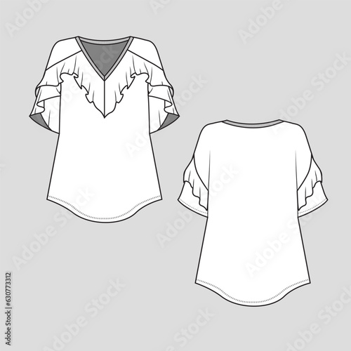 Women V Neck Ruffles Fancy Sleeve layered Ruffles Fashion top t shirt Blouse Apparel cad Flat Sketch technical drawing template design vector