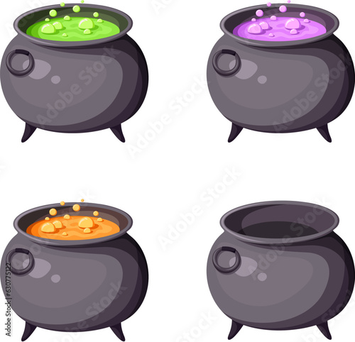 Set of witches cauldrons with colorful potions isolated on a white background. Vector illustraitons