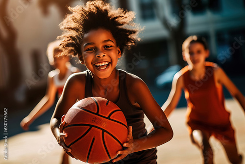 Multiracial kid team play in basketball.