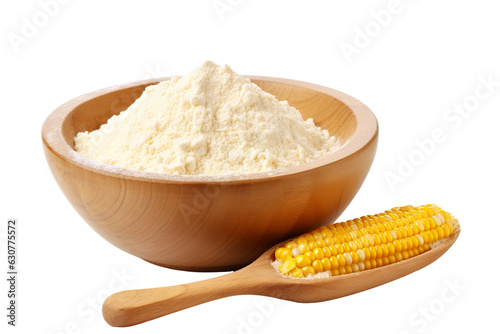 finely corn powder in a wooden bowl and spoon, with corn around isolated on white background PNG