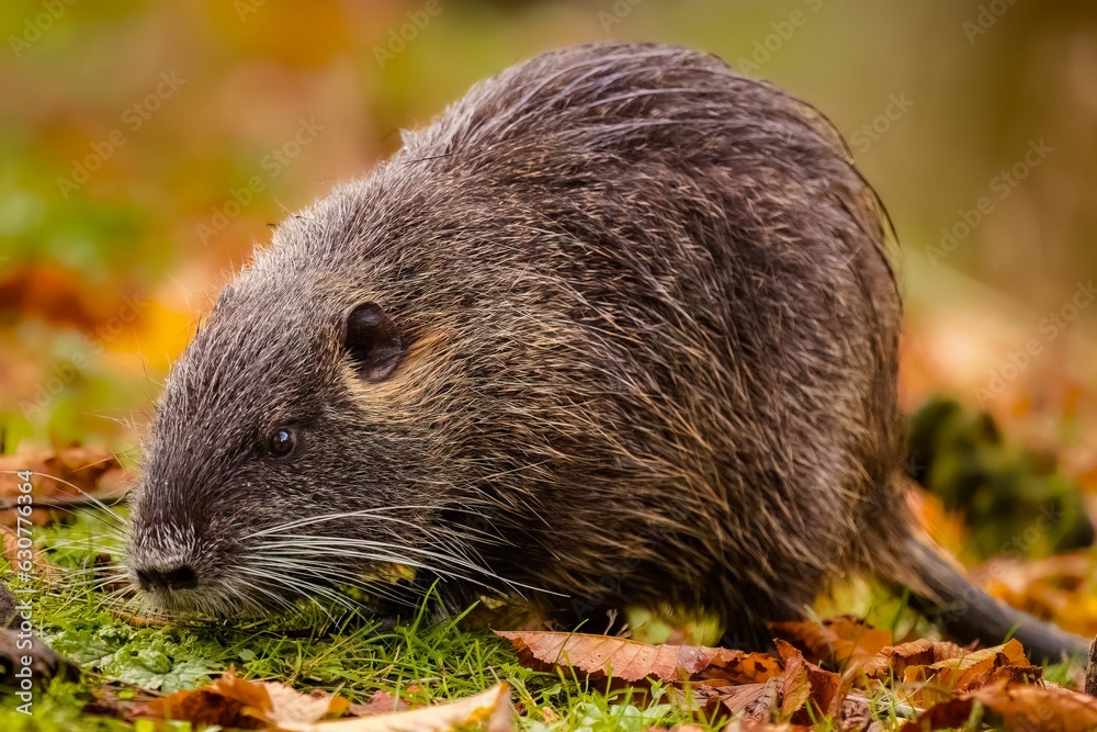Nutria (Myocastor coypus) in a field of lush green grass and foliage Nutria (Myocastor coypus) in a field of lush green grass and foliage