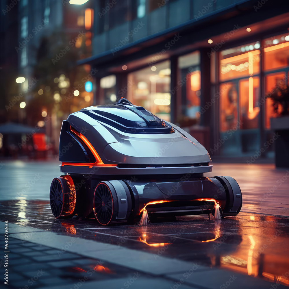 Urban robot vacuum cleaner of the future on the street