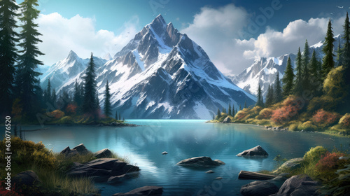 Fantasy mountain lake landscape beautiful sky