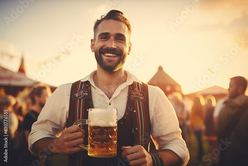 young bavarian man outdoors holding beer mug, ai generated