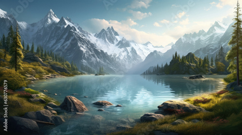Fantasy mountain lake landscape beautiful sky