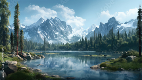 Fantasy mountain lake landscape beautiful sky © stocker