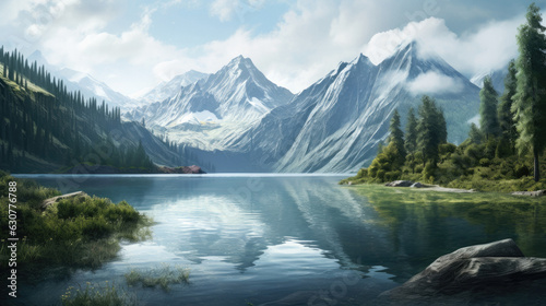 Fantasy mountain lake landscape beautiful sky © stocker