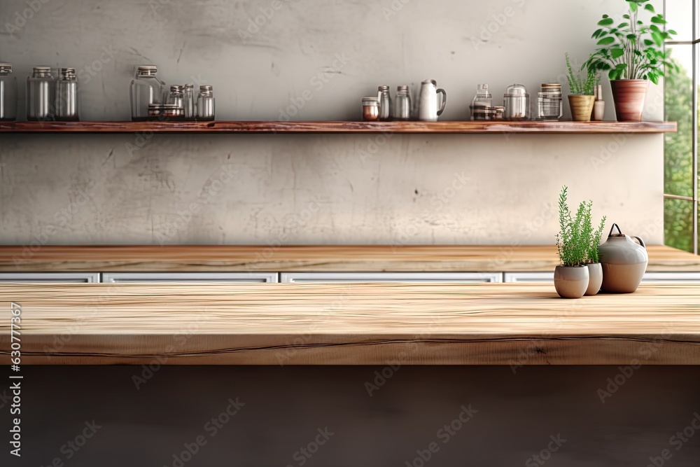 Wooden countertop in a kitchen with beautiful decoration. Perfect for product presentation or background.