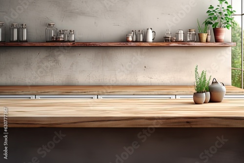 Wooden countertop in a kitchen with beautiful decoration. Perfect for product presentation or background. © LeitnerR