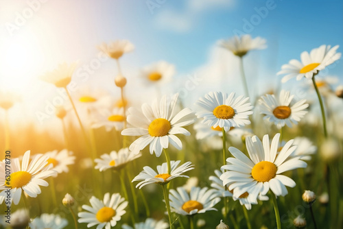 Beautiful field meadow flowers chamomile in morning sunny meadow  nature landscape  close-up macro. Wide format Banner  copy space