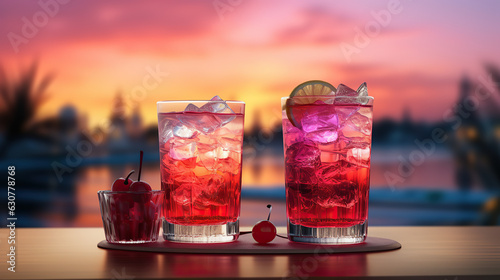 two cocktails on a table at sunset, in the style of photorealistic details, maroon, carnivalcore, soft edges and blurred details, soviet, yankeecore, photo-realistic landscapes