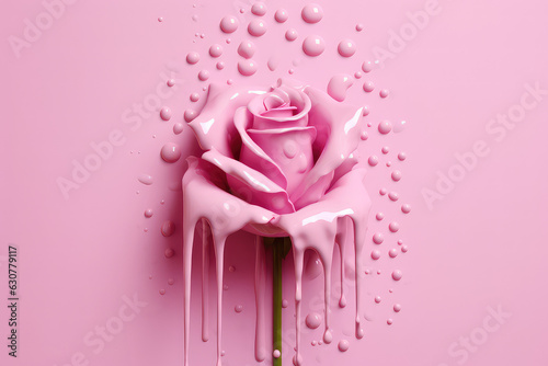 Creative rose flower with dripping drops of thick paint on flat pastel background with copy space. Unusual floral wallpaper in pink pastel color. 3d render illustration style. photo