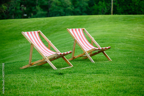 Two sun loungers on a fresh green lawn.