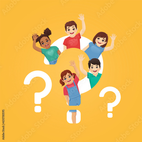 Smiling cute kids boys and girls waiving from question mark isolated vector illustration. Multiethnic happy children on yellow background.
