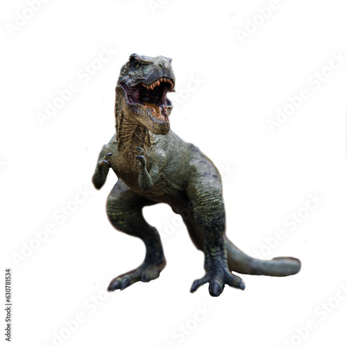 An extreme closeup view of an ominous T-Rex dinosaur figurine isolated against a clean white background. Monstrous animal with sharp teeth. © Paolo