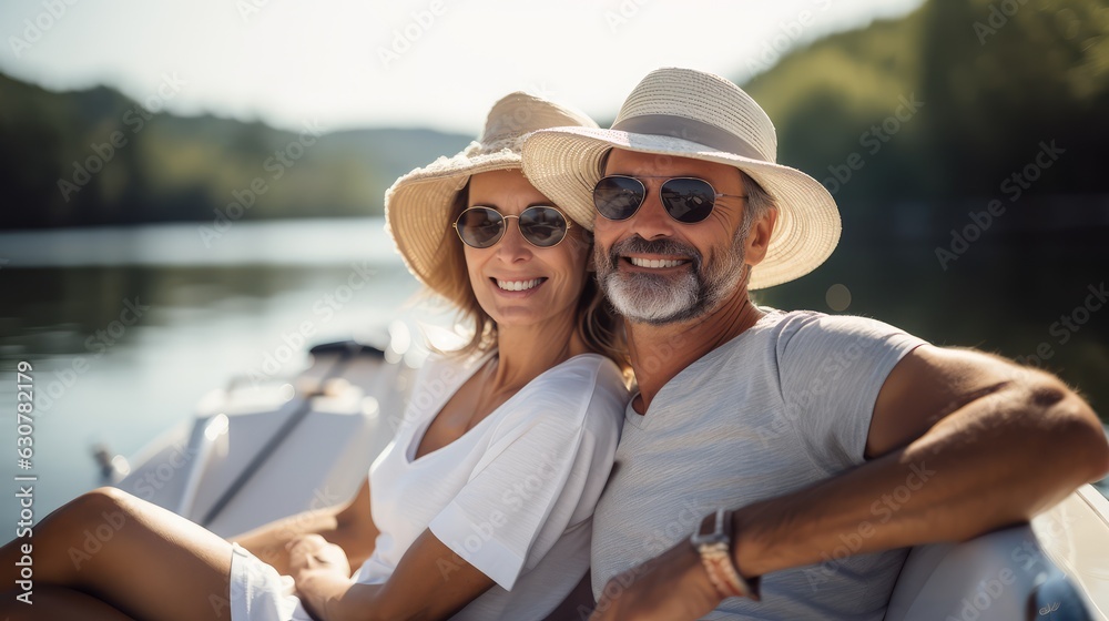 couple enjoying a summer day sitting on a boat cruise vacation, Generative AI