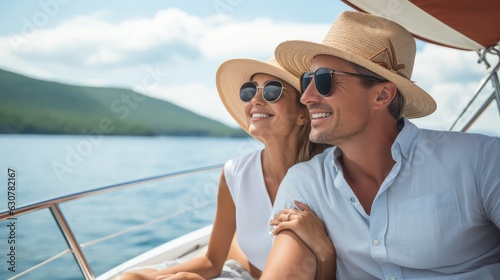 couple enjoying a summer day sitting on a boat cruise vacation, Generative AI © Onchira