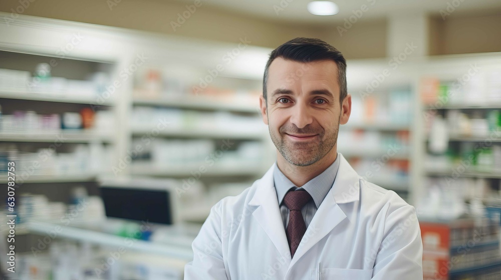 Latin pharmaceutical man smiling and looking at camera at a pharmacy. Generative AI.