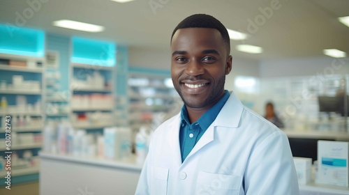 African pharmaceutical man smiling and looking at camera at a pharmacy. Generative AI. © Ladanifer