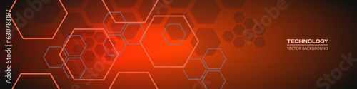 Red hexagon technology abstract background with hexagonal elements. Hi-tech modern futuristic horizontal wide banner. Vector illustration design with honeycomb shapes.