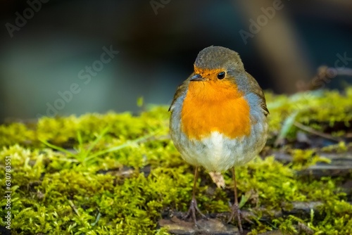 Vivid orange Robin (Erithacus rubecula) perched atop a bed of lush green moss © Andreas Furil/Wirestock Creators