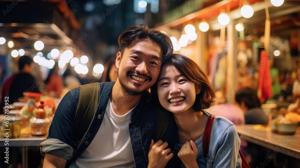 Portrait of happy and funny middle couple on vacation on food street in city, Generative AI