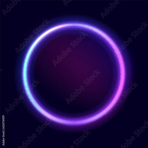 Bright neon vector sign. Luminous circular frame isolated on a black backdrop. Electric vibrant 3D circular portal, laser, neon lamp, and banner in shades of purple, blue, and pink.