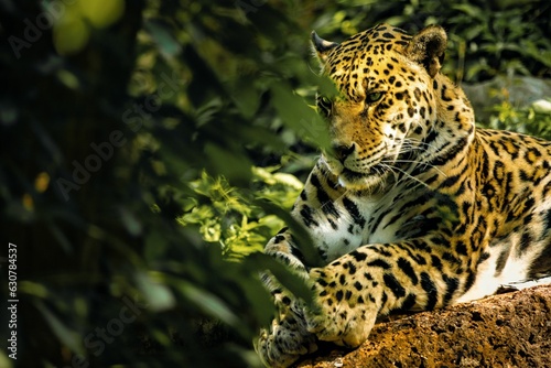 Jaguar  Panthera onca  resting behind trees with a golden fur illuminated in the sunlight