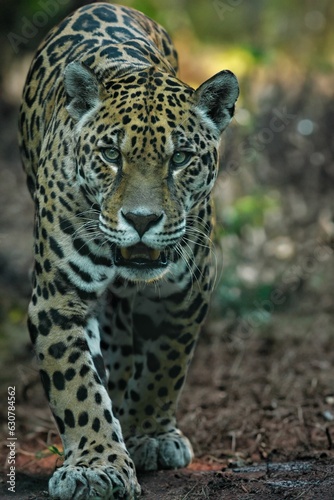 Vertical shot of a majestic leopard strides down a dirt road through a tranquil forest