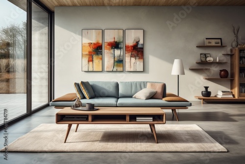 Stylish scandinavian living room with design sofa, furnitures, plants and elegant personal accessories. Modern home decor.
