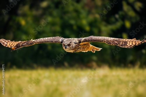 Closeup of a Eurasian eagle-owl in flight in a lush green with a blurry background