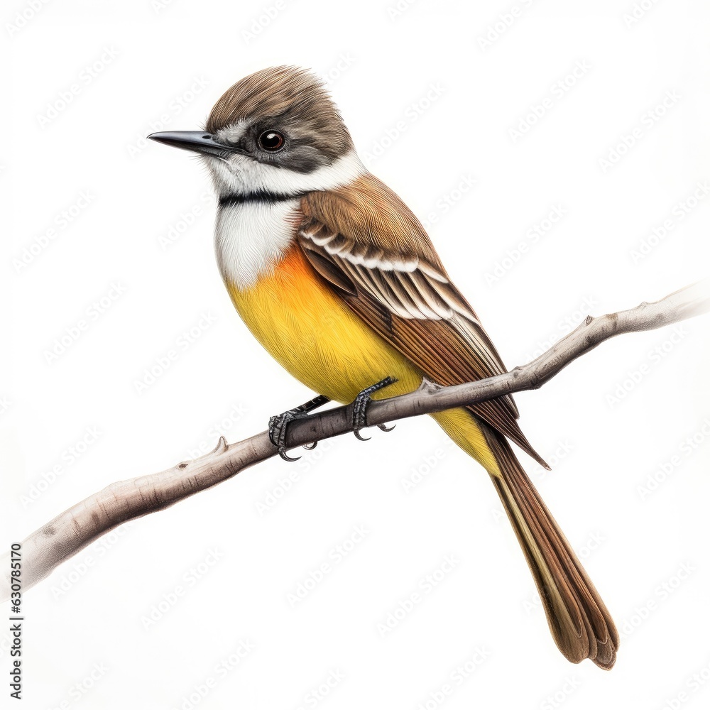 Fototapeta premium Dusky-capped flycatcher bird isolated on white. Generative AI