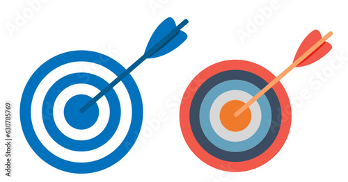 Isolated image of two arrows pointing towards a central bullseye target on a white background