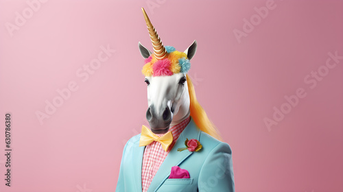 Funny A horse Unicorn wearing a suit and a jacket for birthday party or contents , copy text space. on colorful pastel background.