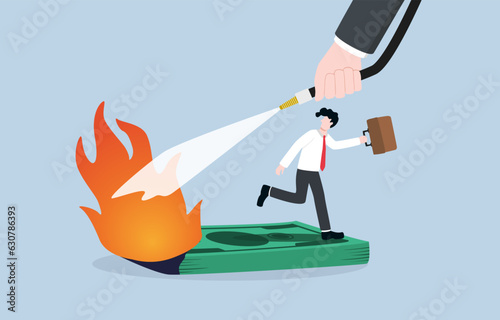 Government response to financial crisis, emergency assistance for people during recession, financial measures to help business survive concept, Hand holding fire hose spraying water on banknotes.