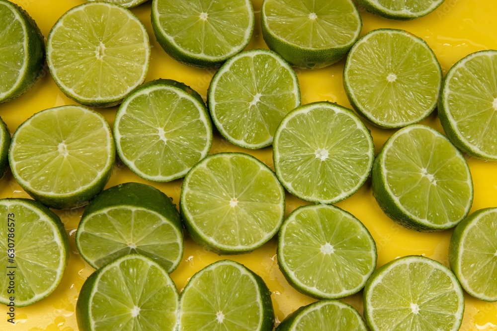 Vibrant yellow background with a plentiful supply of lime slices artfully arranged