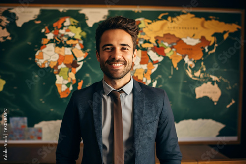 white male teacher standing in classroom world map poster background