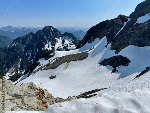 a view of a snow covered mountain range with rocks and snow